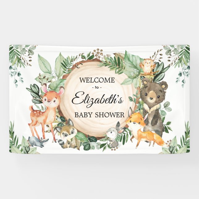 Lona Bienvenidos a Baby Shower Rustic Woodland Greenery (Horizontal)