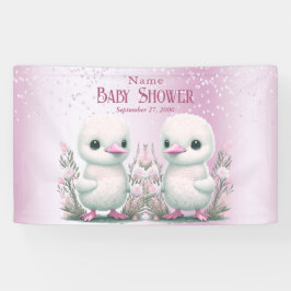 Lona Bienvenidos a Baby Shower Twins Ducks Pink Floral