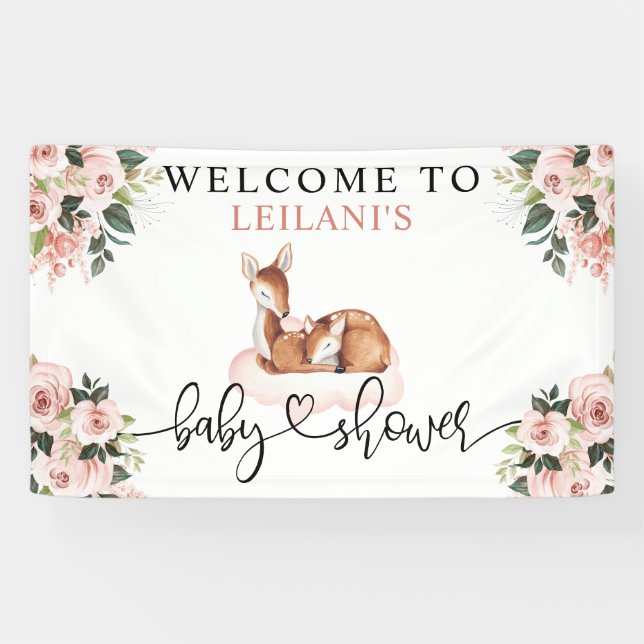 Lona Bienvenidos a Baby Shower Watercolor Deer Pink Flo (Horizontal)