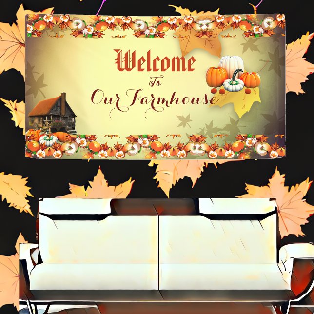 Lona Bienvenidos a Farmhouse Naranja White Pumpkin Mapl (Welcome to our Farmhouse Banner)