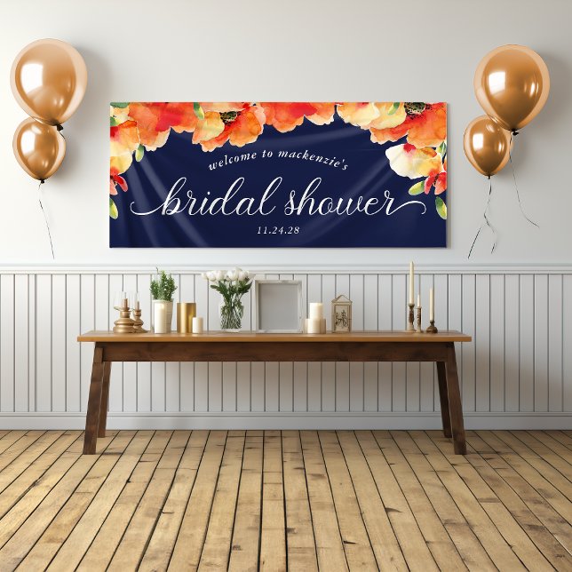 Lona Bienvenidos a la ducha de novia con adormidera azu (Navy Blue Golden Poppy Bridal Shower Welcome Banner)