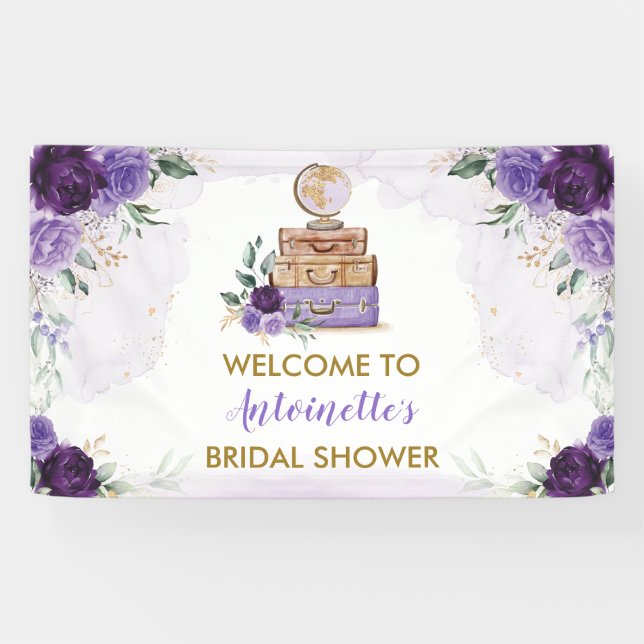 Lona Bienvenidos a la ducha de novia Purple Gold Flower (Horizontal)