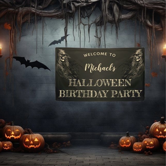 Lona Bienvenidos a la fiesta de cumpleaños de Halloween (Creepy Hair Skull Halloween Birthday Party Welcome Banner)