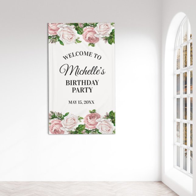 Lona Bienvenidos a la fiesta de cumpleaños floral Rubor (Pink vintage floral birthday party banner)