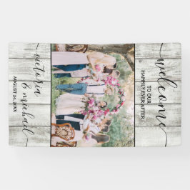 Lona Bienvenidos a la foto de boda moderna de madera rú