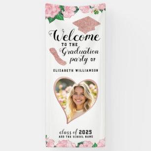 Lona Bienvenidos a la graduación elegante con flores ro