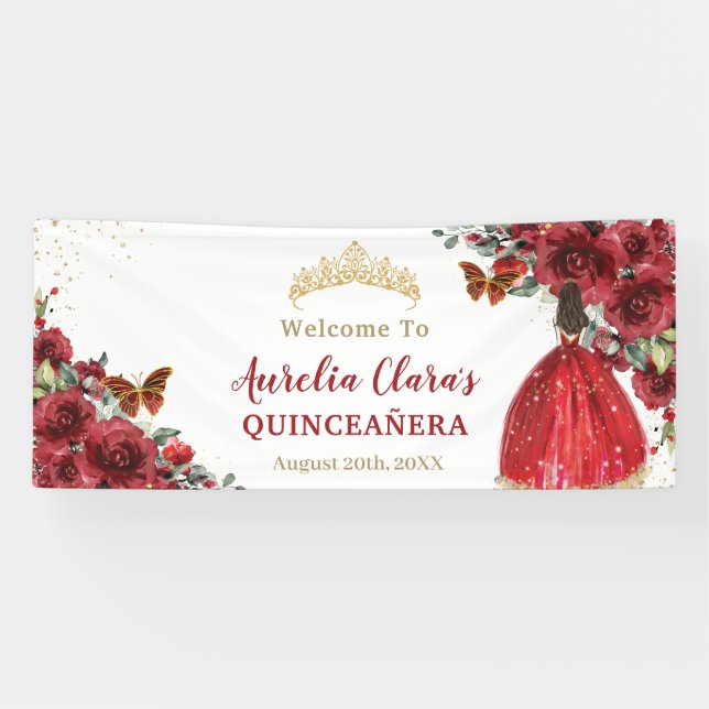 Lona Bienvenidos a la Princesa Floral Roja Quinceañera (Horizontal)