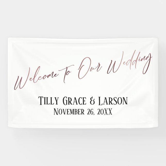 Lona Bienvenidos a nuestra Boda Rosa Gold Handwriter (Horizontal)