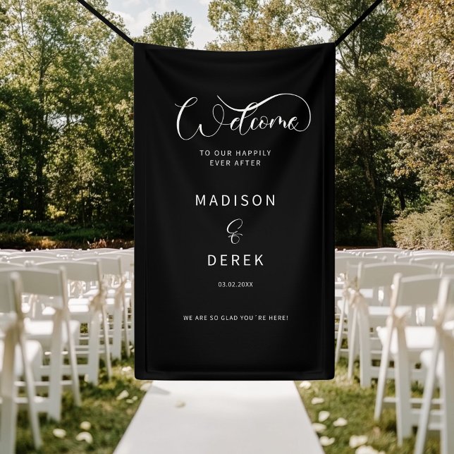 Lona ¡Bienvenidos a nuestro felices para siempre! (Welcome to our happily ever after! Black + White Banner. Personalized with your name and date. )