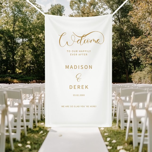 Lona ¡Bienvenidos a nuestro felices para siempre! (Welcome to our happily ever after! White Banner. Personalized with your name and date. )