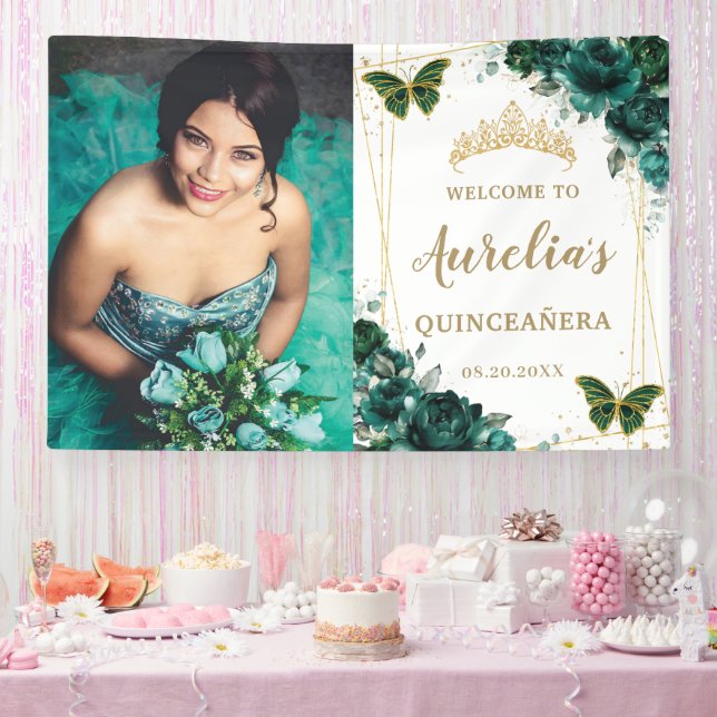 Lona Bienvenidos a Quinceañera, floral verde esmeralda (Fiesta)