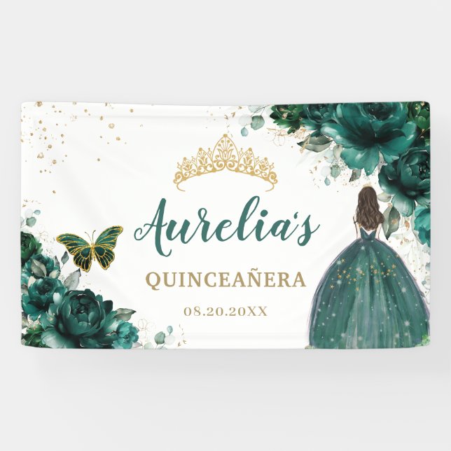 Lona Bienvenidos a Quinceañera, floral verde esmeralda (Horizontal)