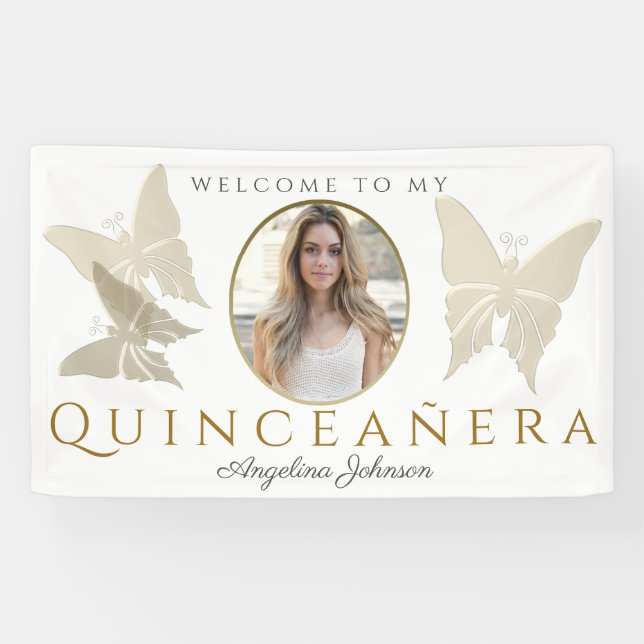 Lona Bienvenidos a Quinceanera Gold Butfly (Horizontal)