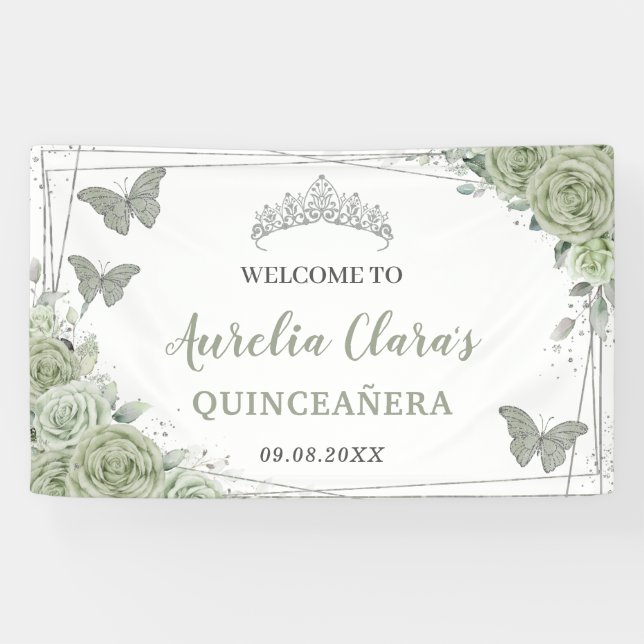 Lona Bienvenidos a Quinceañera Sage Green Floral (Horizontal)