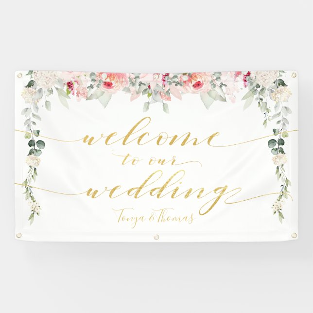 Lona Bienvenidos a Rubor Blooms Fancy Gold Calligraphy (Horizontal)