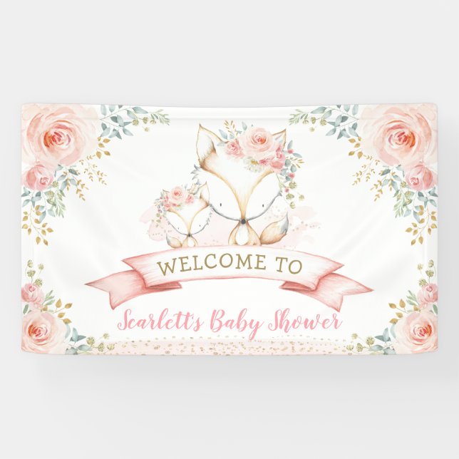 Lona Bienvenidos a Rubor Gold Floral Fox Woodland Baby  (Horizontal)