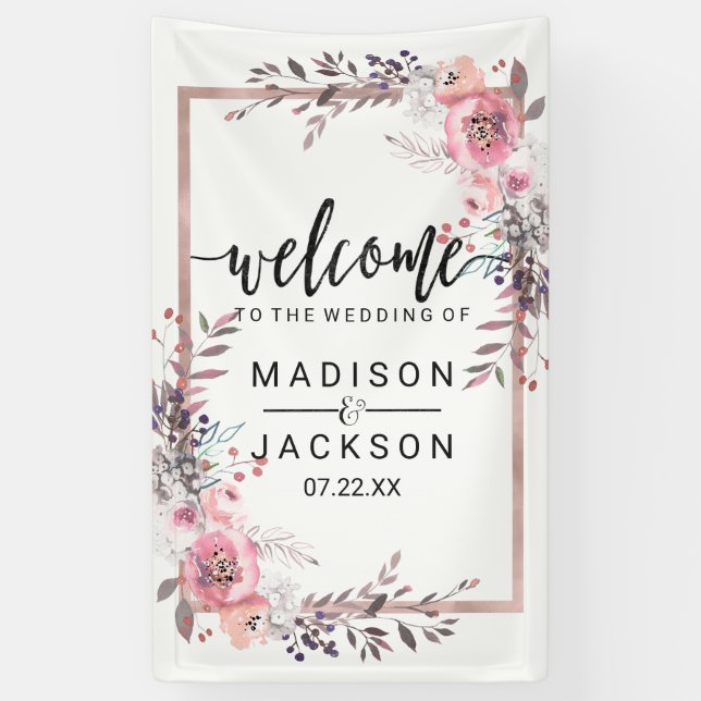 Lona Bienvenidos a Rubor y Rosa Gold Framed Floral Boda (Vertical)