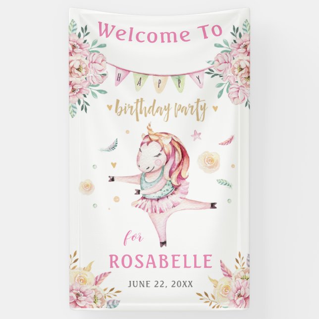 Lona Bienvenidos a Unicorn Ballerina Pink Floral Birday (Vertical)