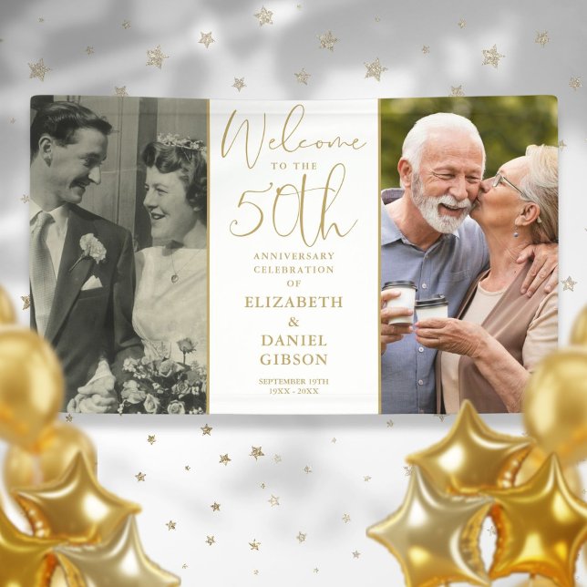 Lona Bienvenidos al 2 Foto 50 Aniversario Then And Now (Then And Now 2 Photo 50th Anniversary Welcome Banner)