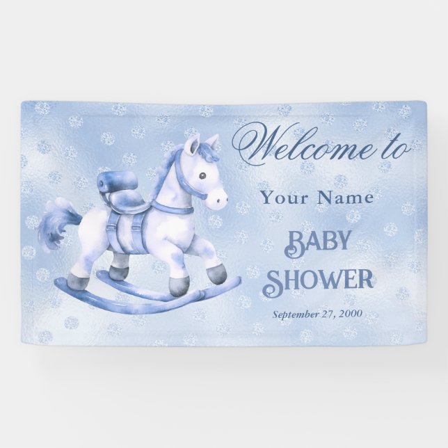 Lona Bienvenidos al Baby Shower Blue Rocking Horse (Horizontal)