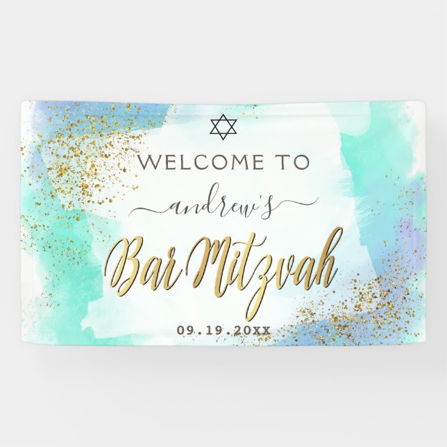 Lona Bienvenidos Al Bar Mitzvah Blue Y Gold (Horizontal)