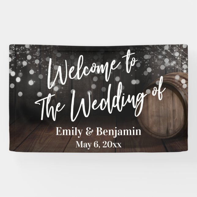 Lona Bienvenidos al Boda de Madera Barril y Luces (Horizontal)