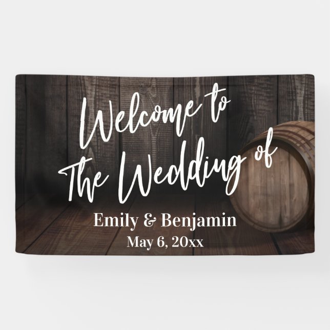 Lona Bienvenidos al Boda del barril de madera (Horizontal)