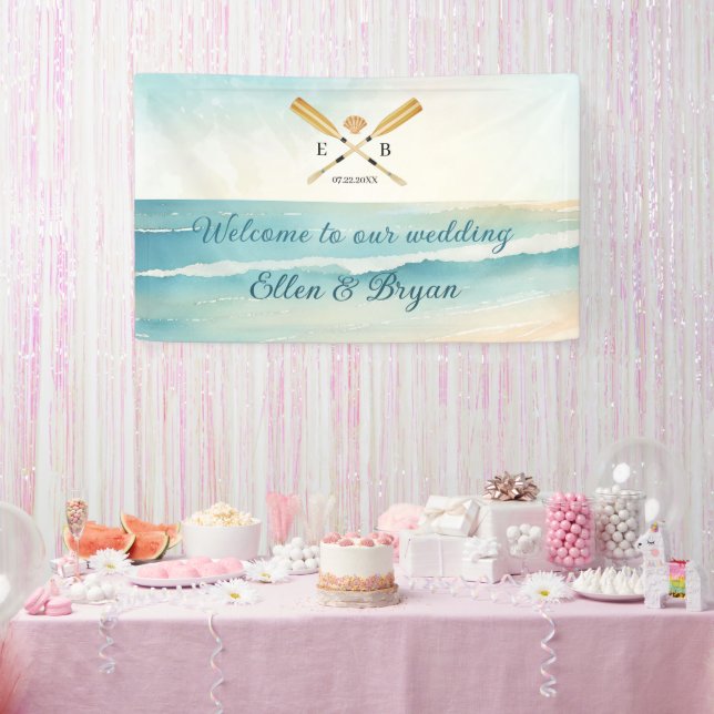 Lona Bienvenidos al Boda Watercolor Beach Oars (Fiesta)