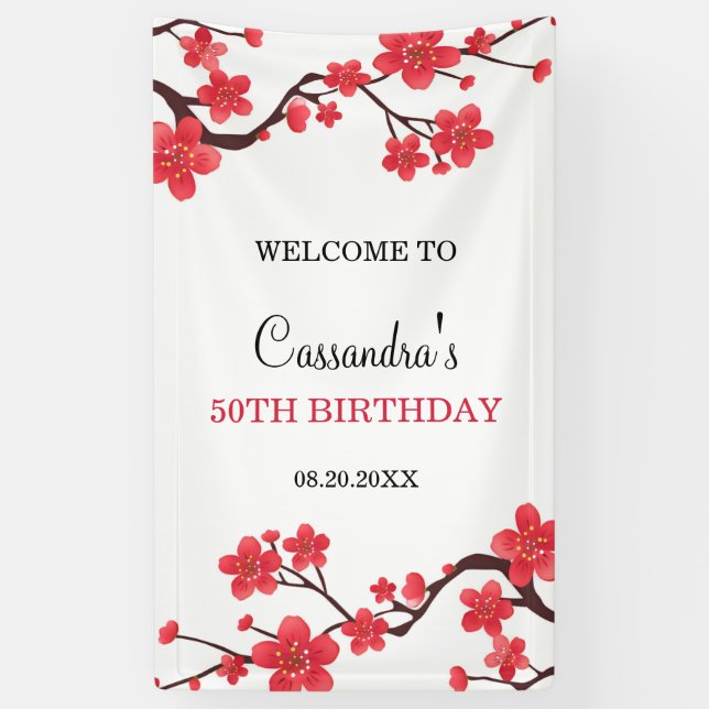 Lona Bienvenidos al cumpleaños Sakura Floral Red Cherry (Vertical)