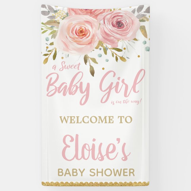 Lona Bienvenidos al fondo Rubor Pink Floral Baby Shower (Vertical)