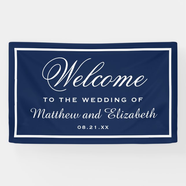 Lona Bienvenidos Bodas blancos y azules personalizados (Horizontal)