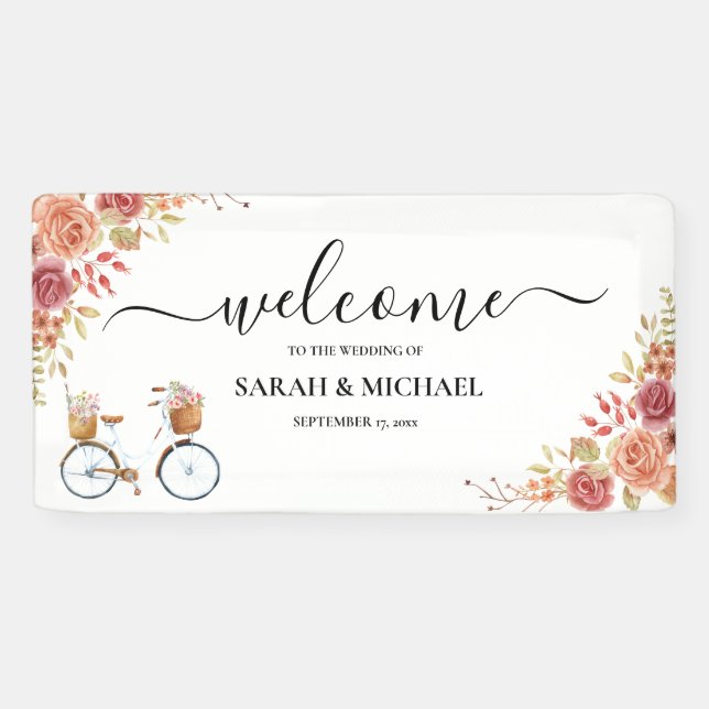 Lona Bienvenidos Bodas de ciclismo floral rústico (Horizontal)