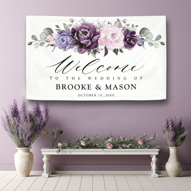 Lona Bienvenidos Bodas de flores moradas en tonos polvo (Dusty purple plum lavender  wedding banner )