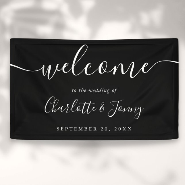 Lona Bienvenidos Bodas De Guión Blanco Y Negro (Black And White Script Wedding Welcome Banner)
