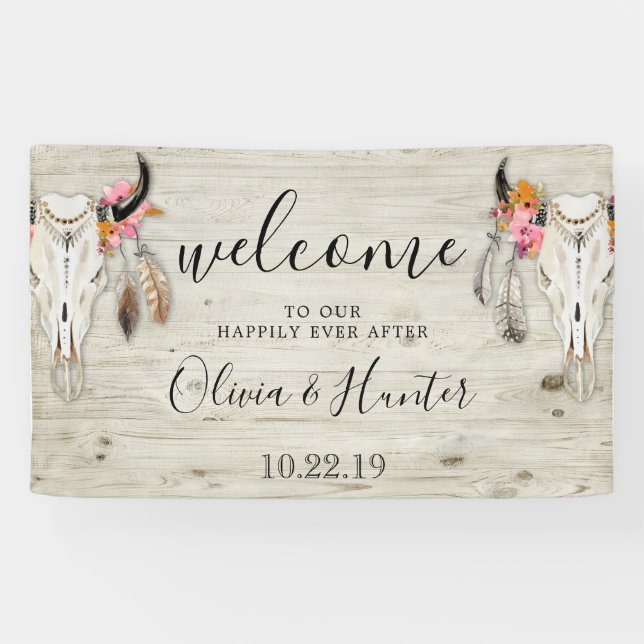 Lona Bienvenidos Boho Antler Skull Light Wood Boda (Horizontal)