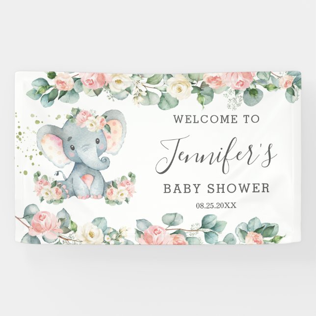 Lona Bienvenidos Chicas de Floral Greenery Elephant Bab (Horizontal)