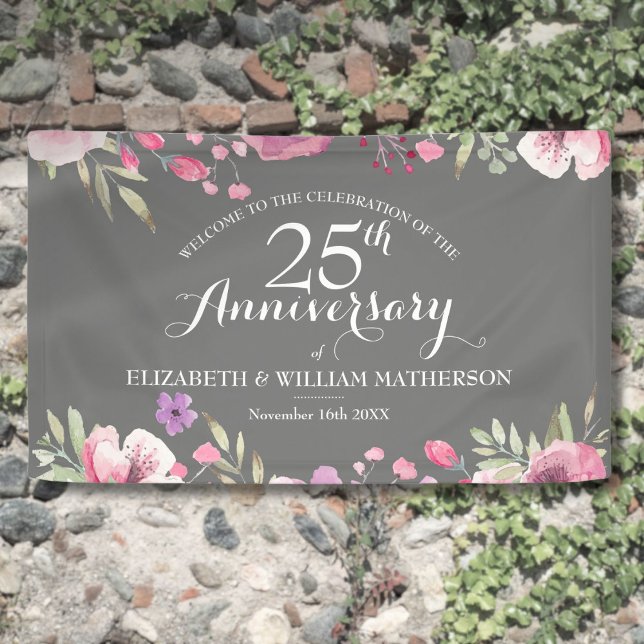 Lona Bienvenidos Rosas de acuarela del 25° aniversario  (25th Wedding Anniversary Watercolor Roses Welcome Banner)
