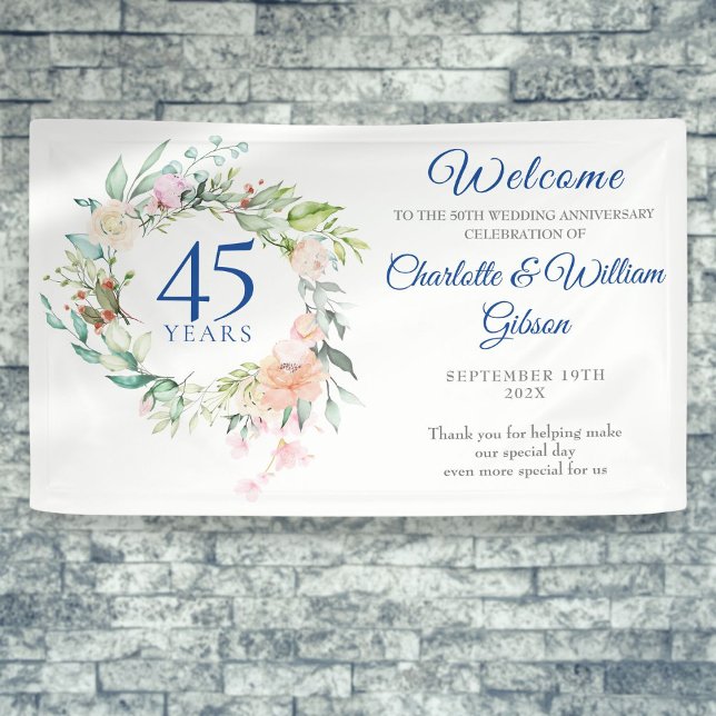 Lona Bienvenidos rosas Floral Garland 45° 65° Aniversar (Roses Floral Garland 45th 65th Anniversary Welcome Banner)