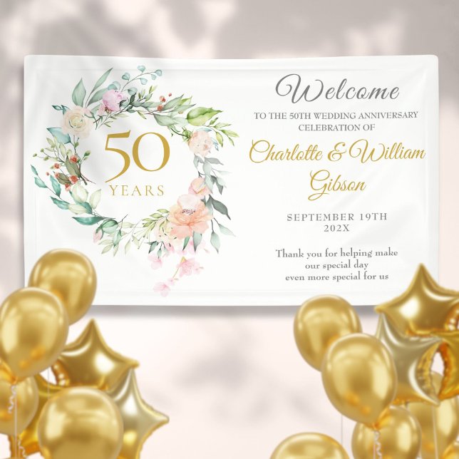 Lona Bienvenidos rosas Floral Garland 50 Aniversario (Roses Floral Garland 50th Anniversary Welcome Banner)