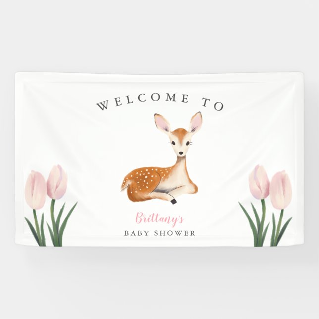 Lona Bienvenidos Rustic Deer Pink Floral a Baby Shower (Horizontal)