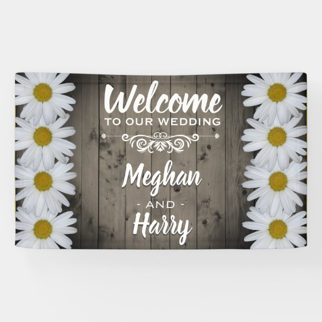 Lona Bienvenidos Rústicos Bodas Daisy Floral (Horizontal)