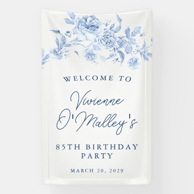 Lona Birthday Banner 85th Birthday Party Blue Floral (Vertical)