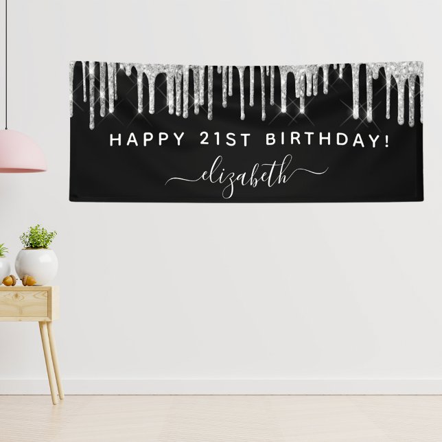 Lona Birthday party black silver glitter sparkle glam (Subido por el creador)