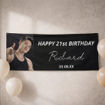 Lona Birthday party black white photo modern guy<br><div class="desc">A banner celebrating a 21st (or any age)milestone birthday for a guy, man. An elegant modern black background. Personalize and add your own photo of the birthday boy/man. The text: The name in white with a modern hand lettered style script. Tempates for a name, age 21 and a date. Can...</div>