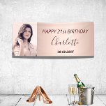 Lona Birthday party custom photo rose gold pink modern<br><div class="desc">A banner celebrating a 21st (or any age)milestone birthday for a girl, woman. An elegant trendy rose gold, pink gradient background. Personalize and add your own photo of the birthday girl. The text: The name in dark burgundy with a modern hand lettered style script. Tempates for a name, age 21...</div>