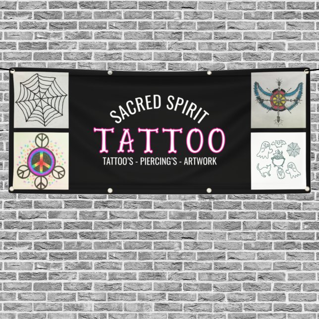 Lona Black 4 Photo Modern White Text Tattoo Shop Banner (Subido por el creador)