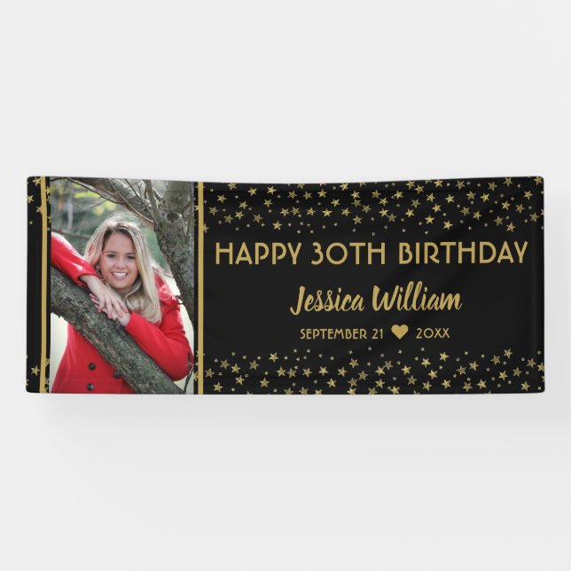 Lona Black And Gold Stars 30th Birthday Personalizado P (Horizontal)