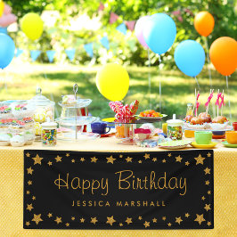 Lona Black and Gold Stars Feliz cumpleaños