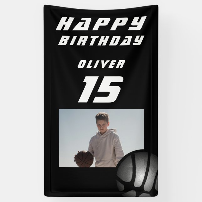 Lona Black Basketball Ball Boy Foto Feliz cumpleaños (Vertical)