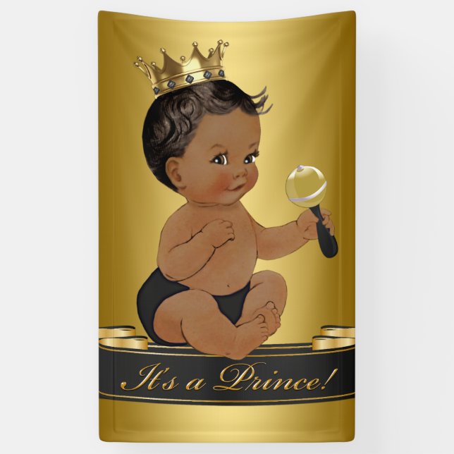 Lona Black Gold African American Prince Boy Baby Shower (Vertical)
